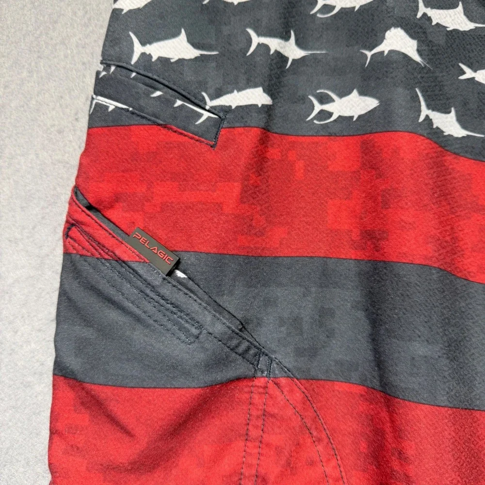 Pelagic Sharkskin Board Shorts Mens 40x12 Red Grey American Flag Fish Fishing
